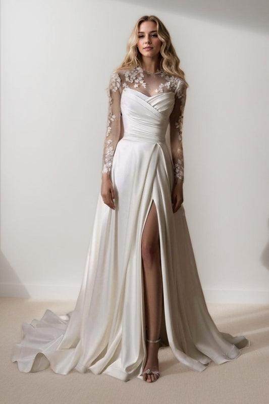 A-Line Sweep-Brush Train Lace Satin Wedding Dress CW3453 - COCOMELODY